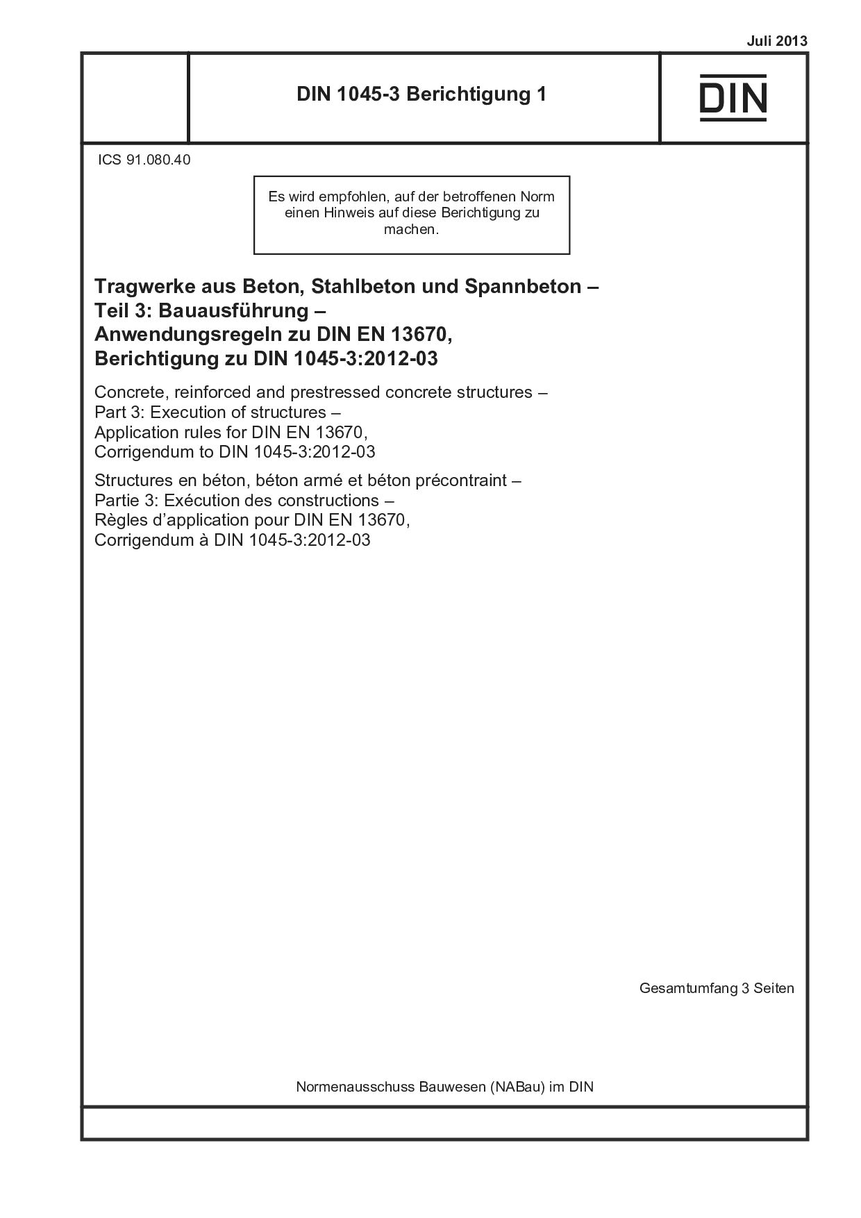 DIN 1045-3 Berichtigung 1:2013封面图