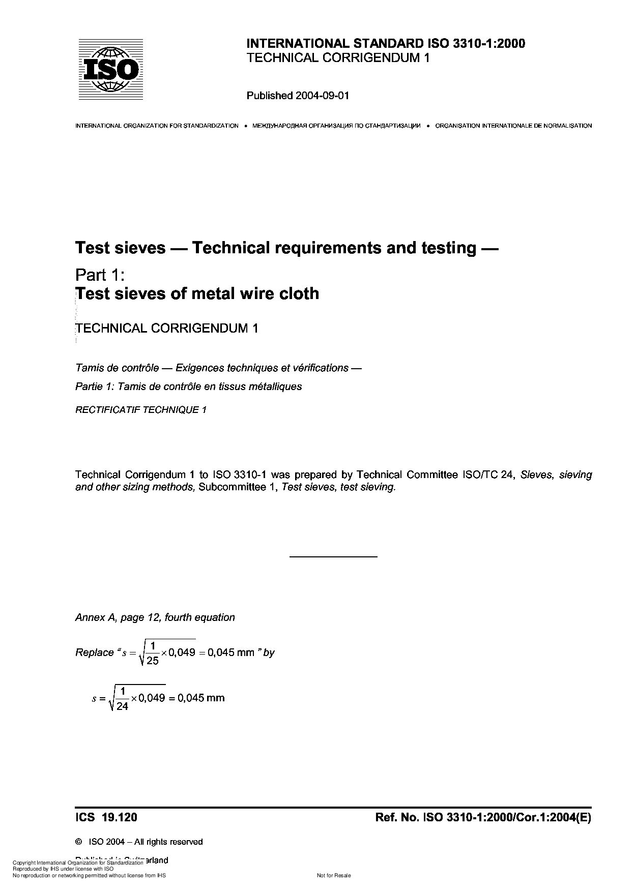 ISO 3310-1:2000封面图