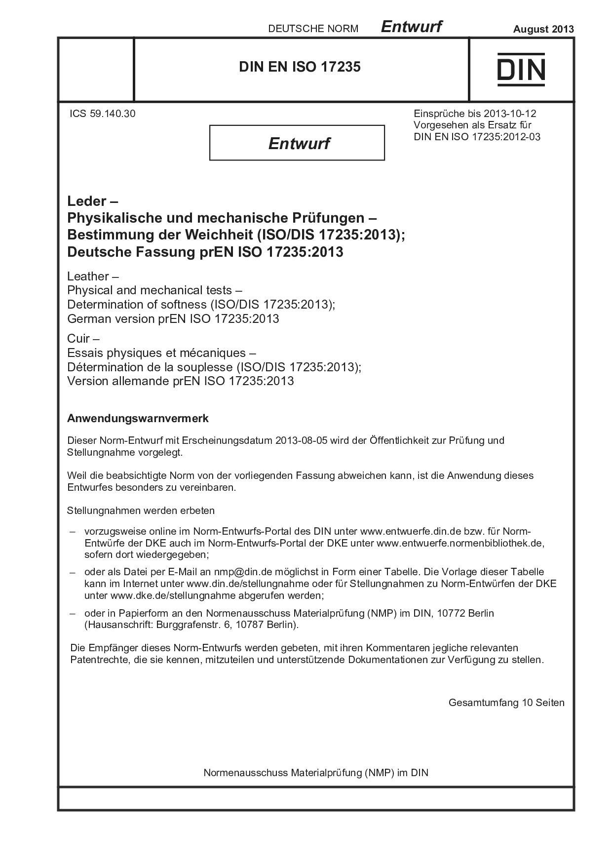 DIN EN ISO 17235 E:2013-08封面图