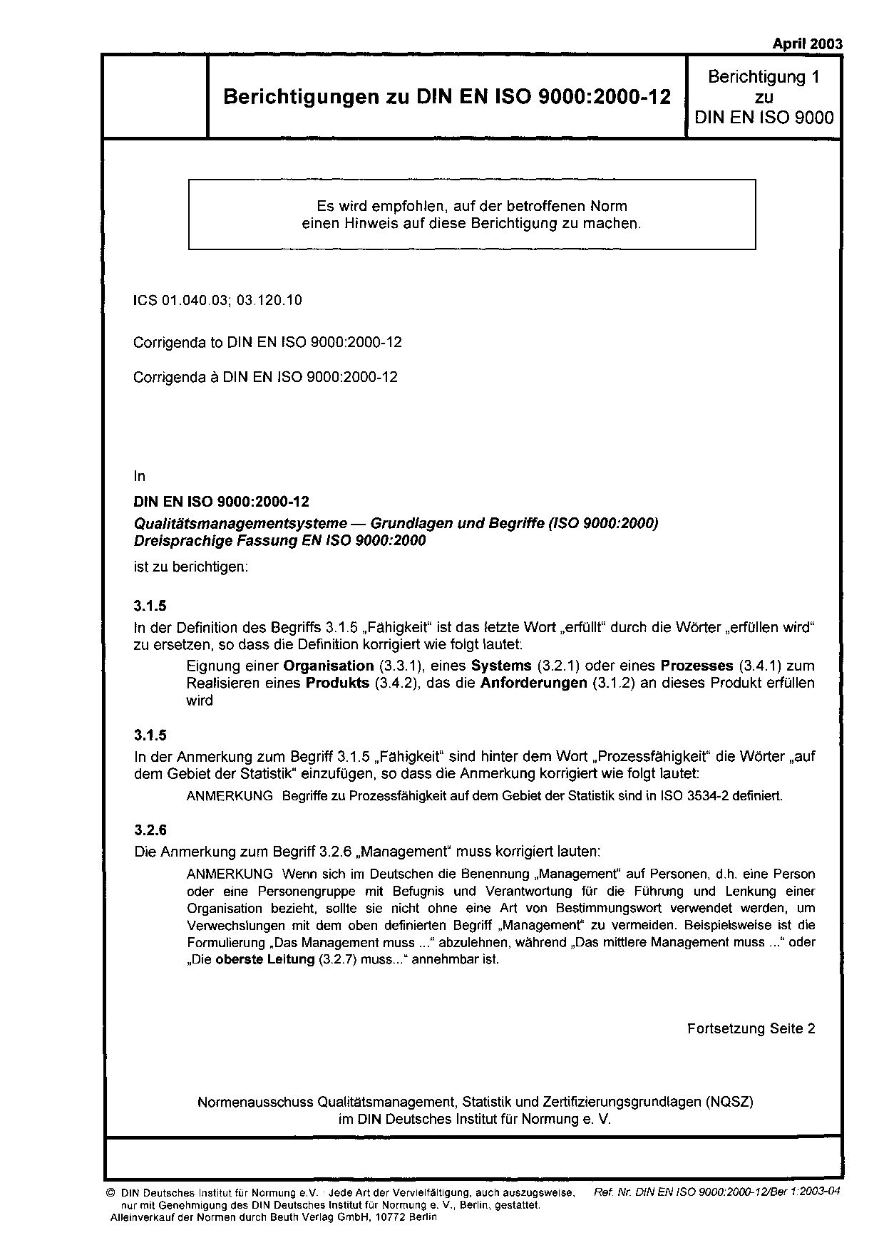 DIN EN ISO 9000 Berichtigung 1:2003封面图