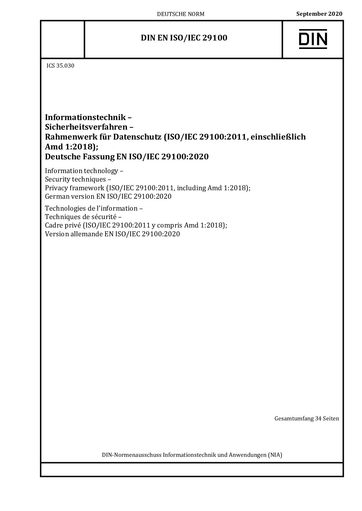 DIN EN ISO/IEC 29100:2020-09封面图