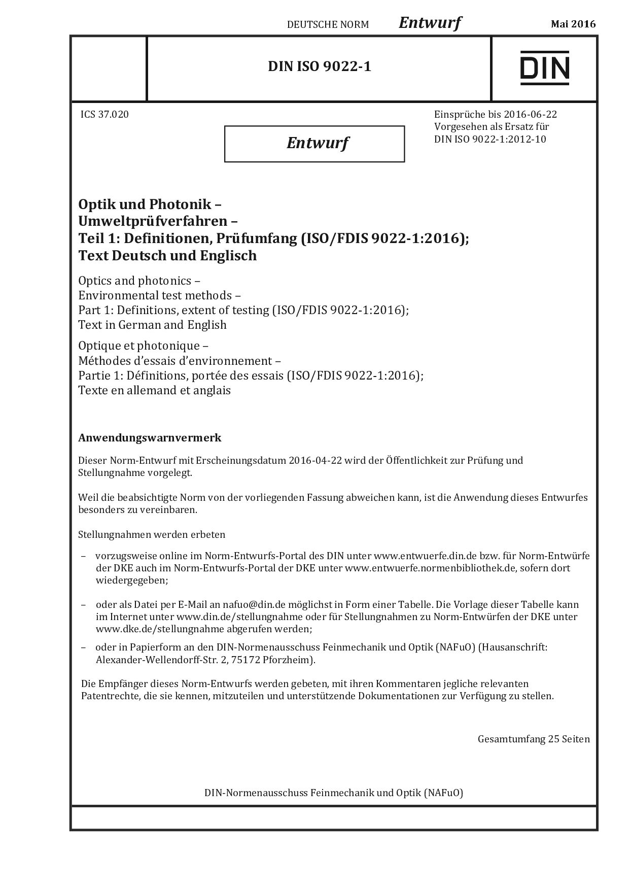 DIN ISO 9022-1 E:2016-05封面图