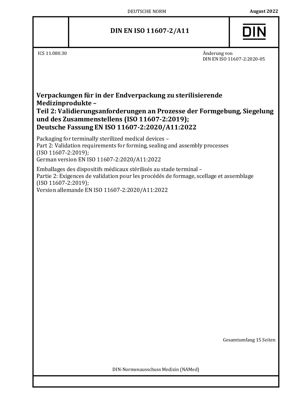 DIN EN ISO 11607-2 A11:2022封面图