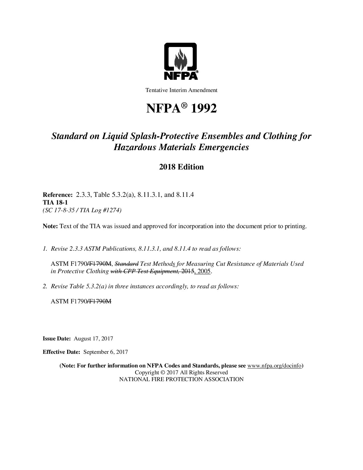 NFPA 1992-2018 amd1-2017封面图