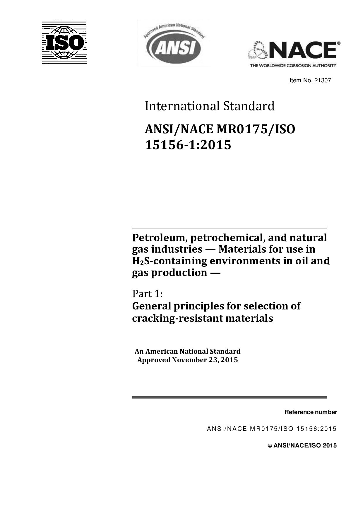ANSI/NACE MR0175*ISO 15156-1:2015封面图