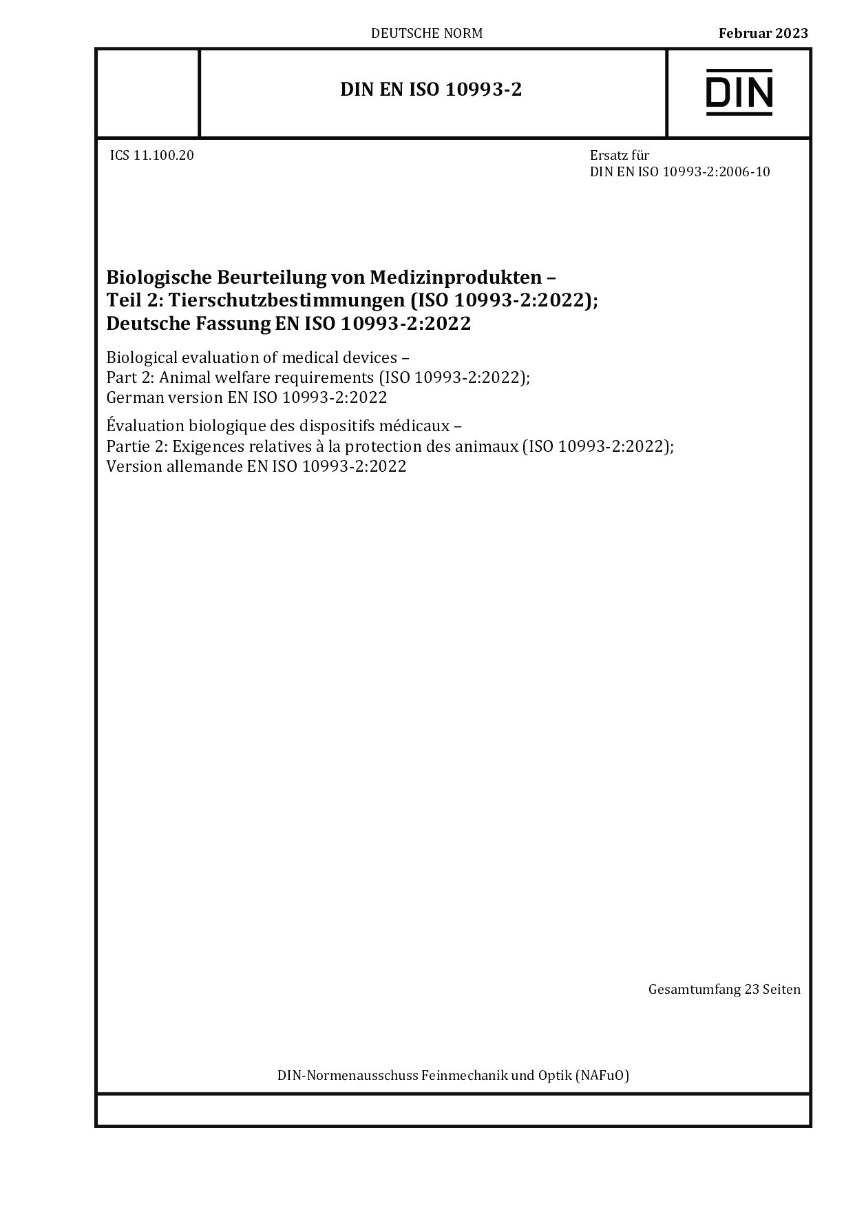 DIN EN ISO 10993-2:2023封面图