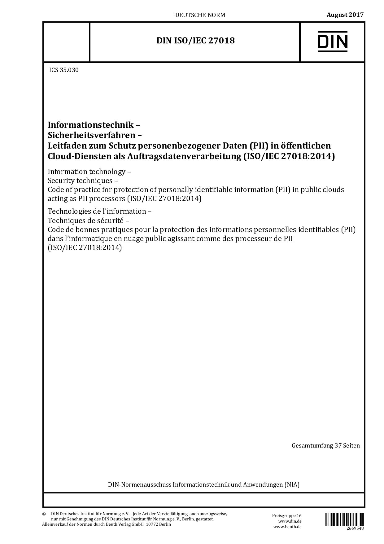 DIN ISO/IEC 27018:2017-08封面图