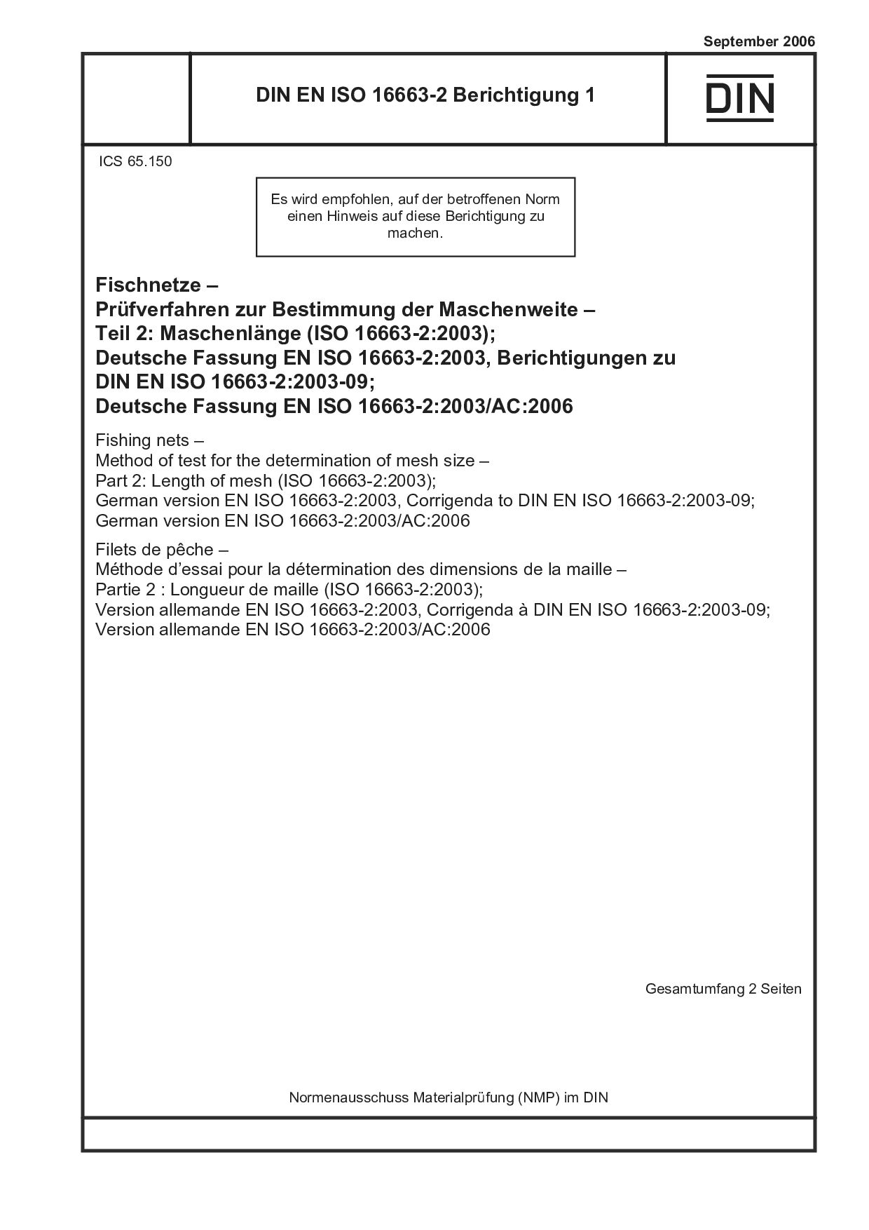 DIN EN ISO 16663-2 Berichtigung 1:2006封面图