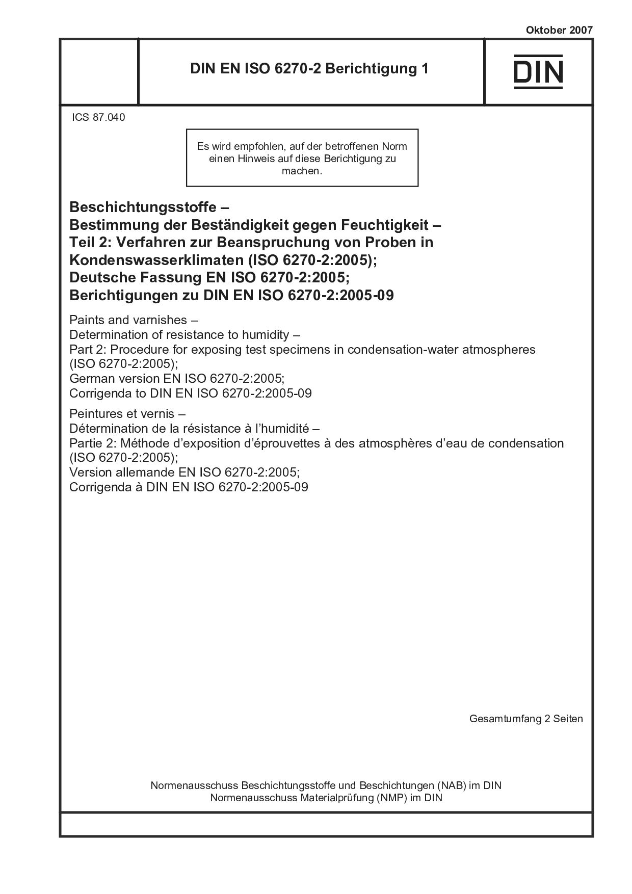 DIN EN ISO 6270-2 Berichtigung 1:2007封面图