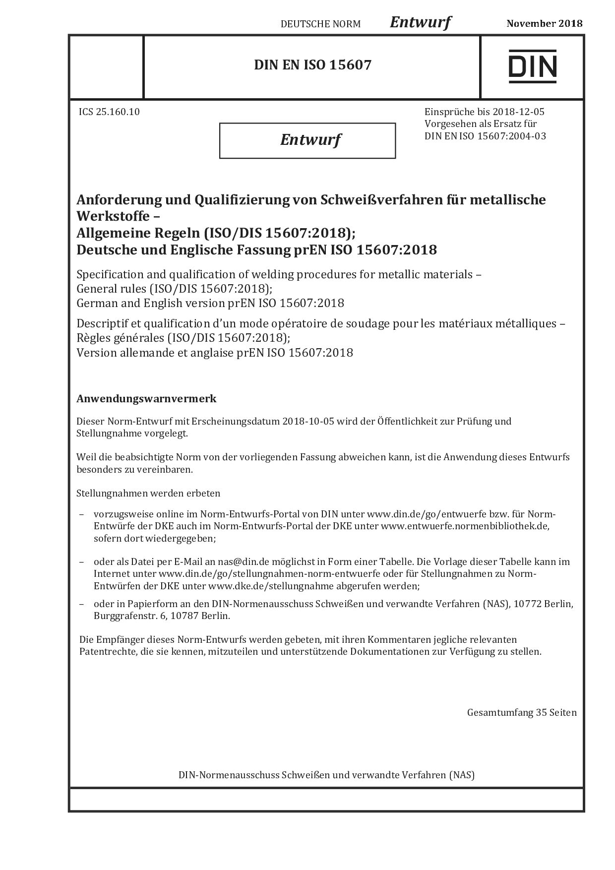 DIN EN ISO 15607 E:2018-11
