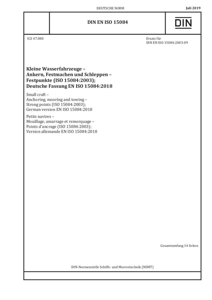 DIN EN ISO 15084:2019 Kleine Wasserfahrzeuge - Ankern, Festmachen und ...