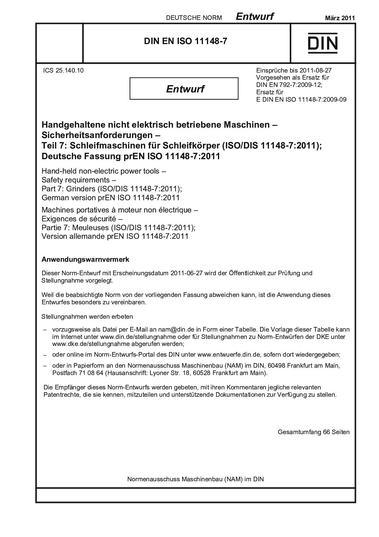 DIN EN ISO 11148-7 E:2011-03封面图