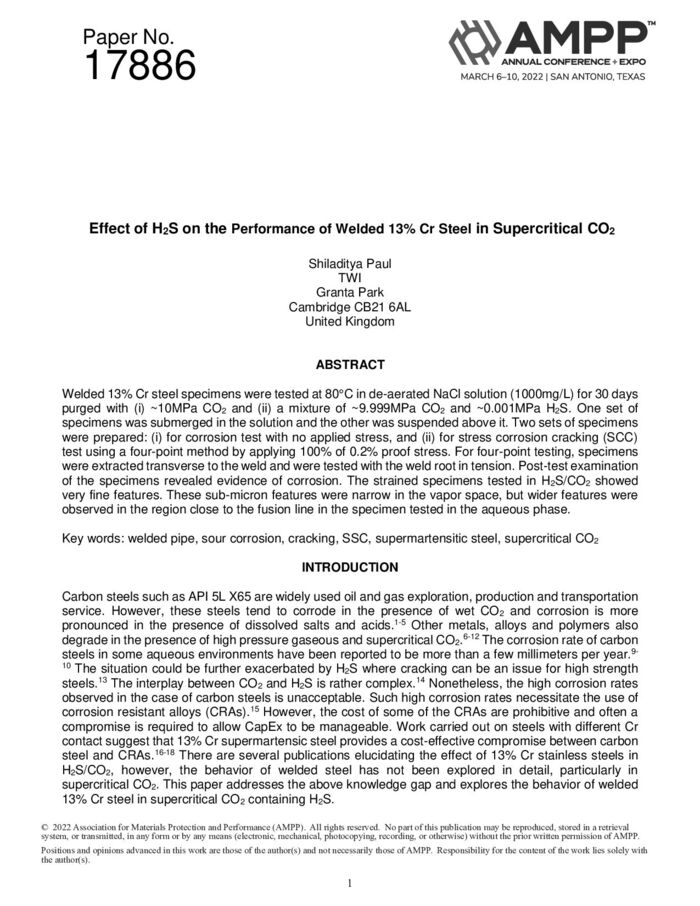 H2S对焊接13%Cr钢在超临界CO2中性能影响研究