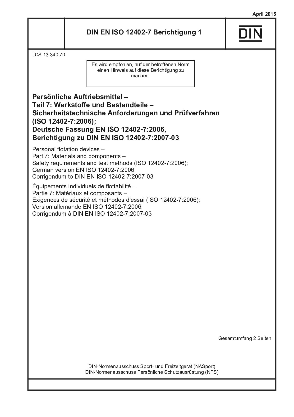 DIN EN ISO 12402-7 Berichtigung 1:2015