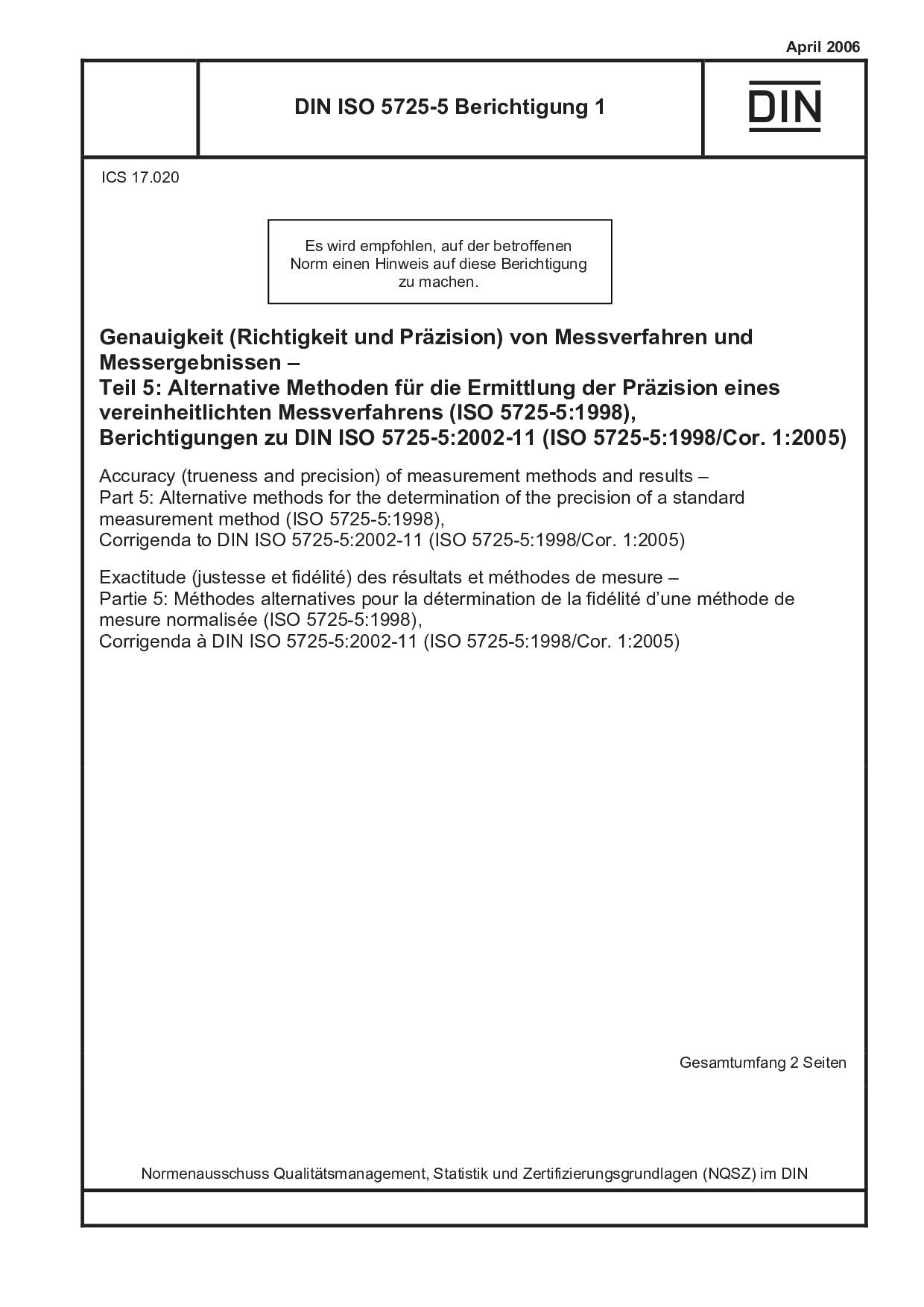 DIN ISO 5725-5 Berichtigung 1:2006