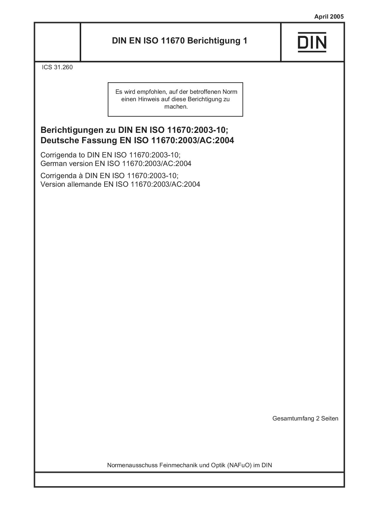 DIN EN ISO 11670 Berichtigung 1:2005