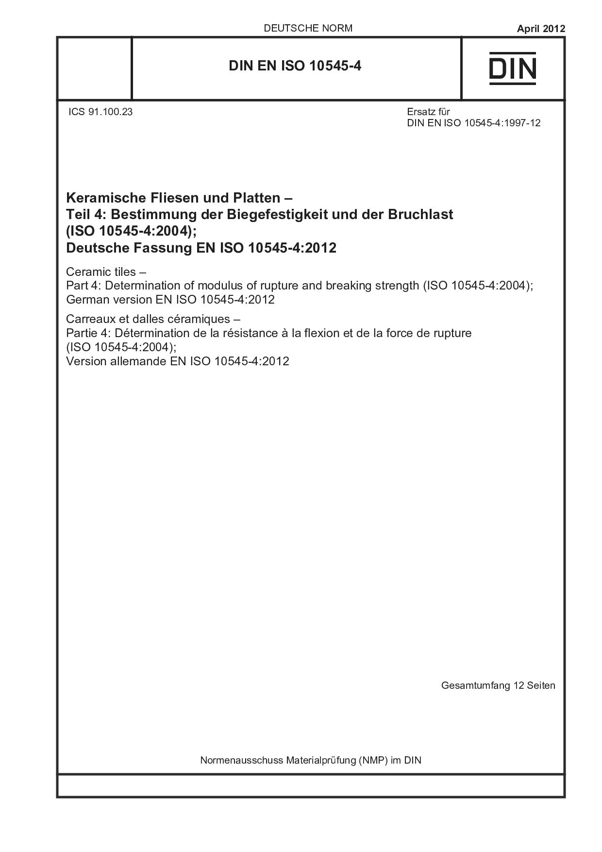 DIN EN ISO 10545-4:2012封面图
