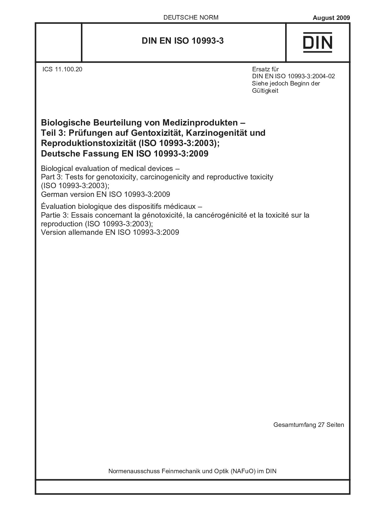 DIN EN ISO 10993-3:2009封面图