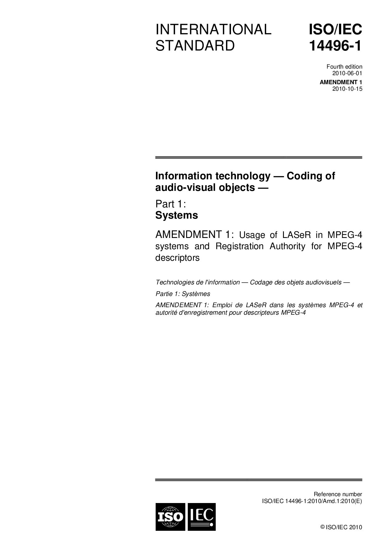 ISO/IEC 14496-1:2010/Amd 1:2010封面图