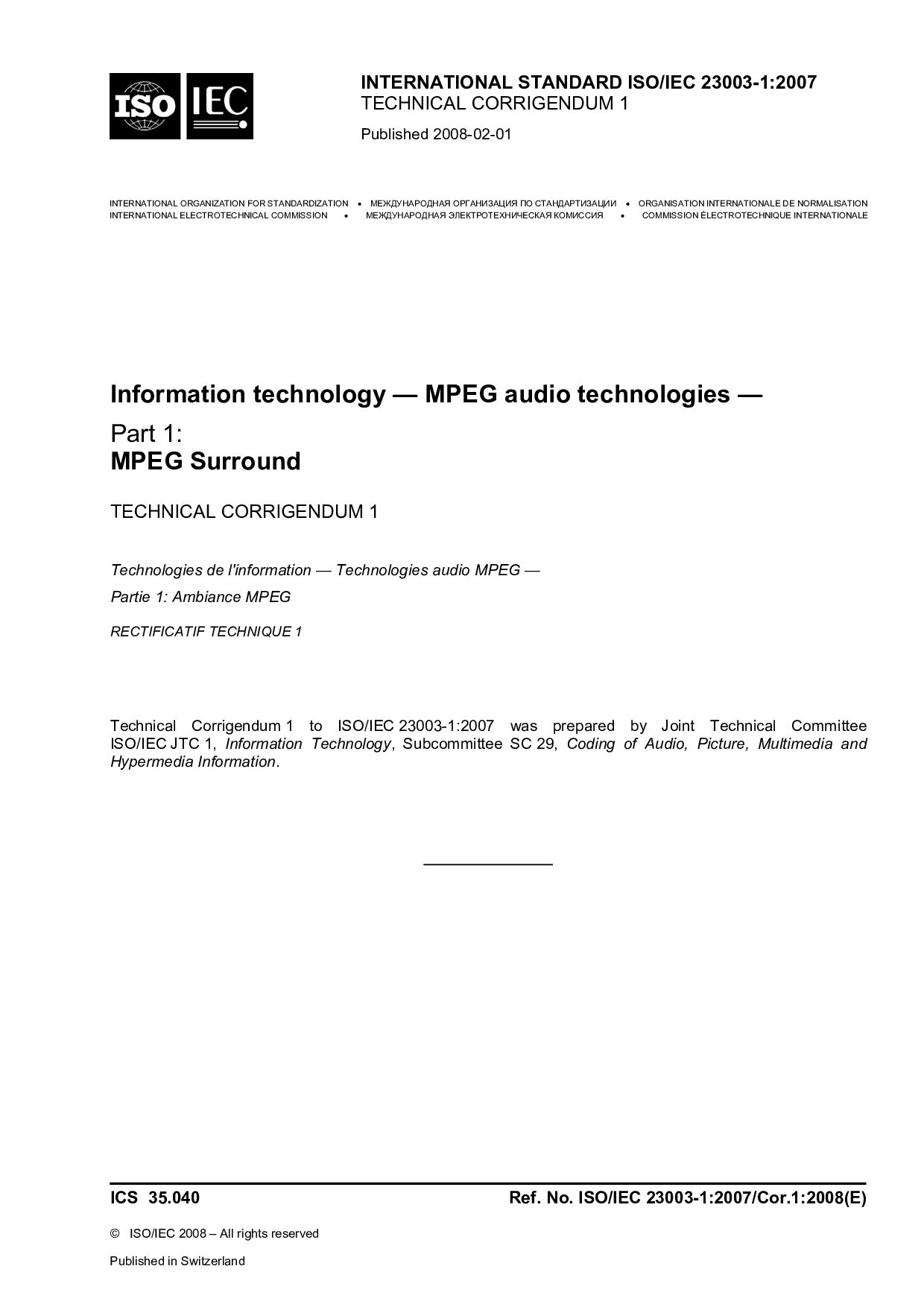 ISO/IEC 23003-1:2007/Cor 1:2008