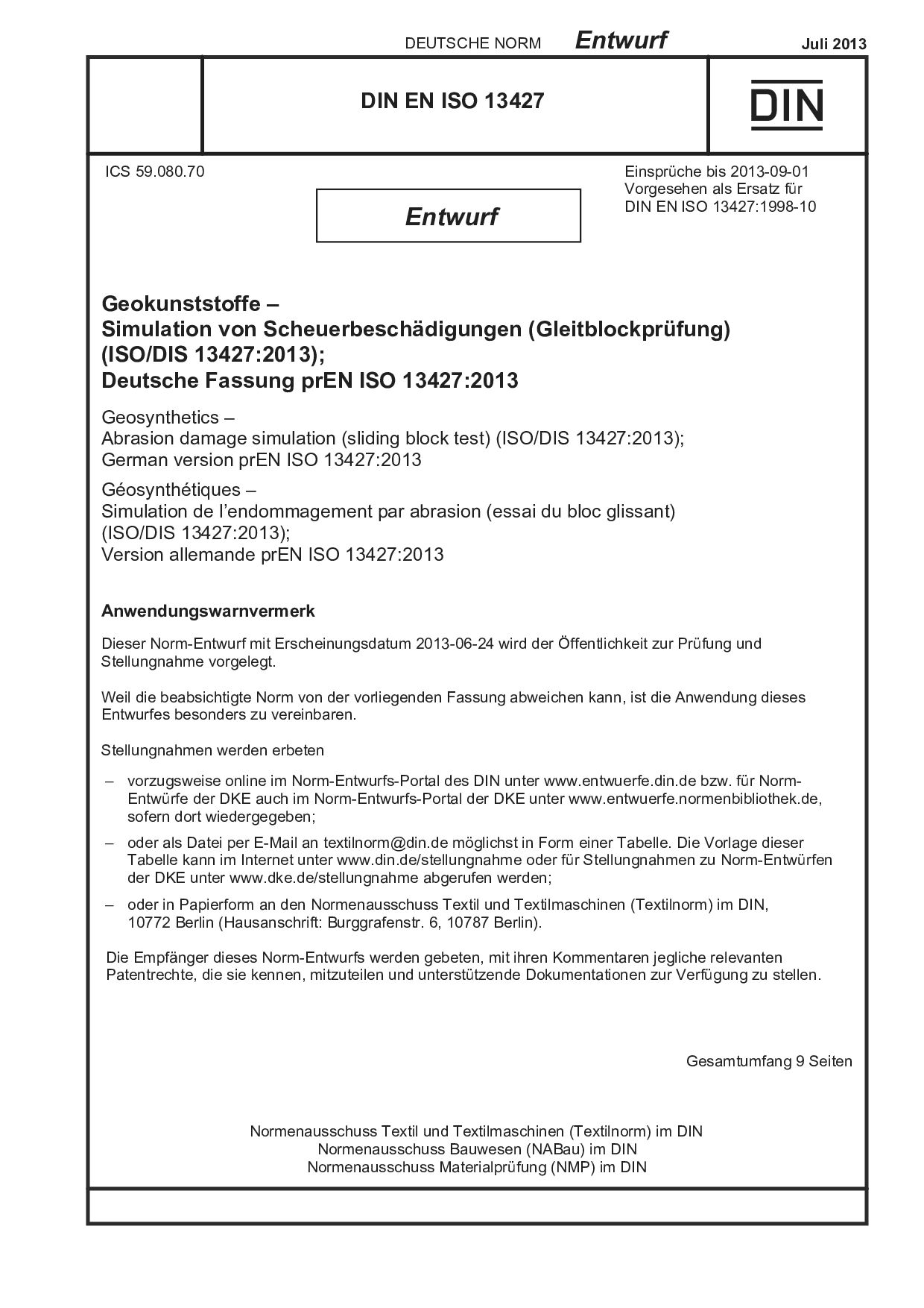 DIN EN ISO 13427 E:2013-07封面图