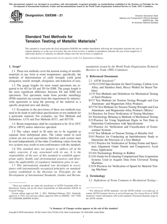 ASTM E8/E8M-21 金属材料张力试验标准试验方法 发布历史