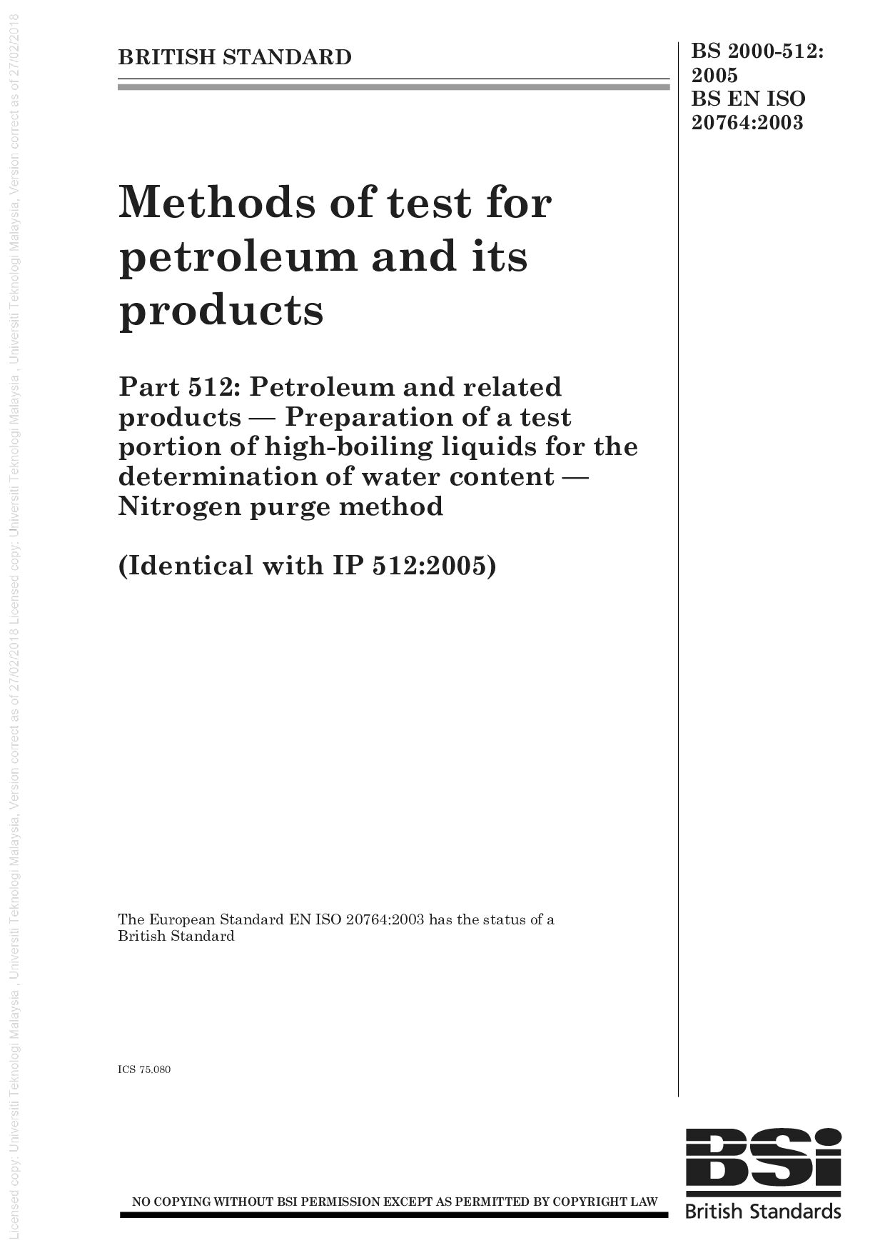 BS EN ISO 20764:2003(2006)封面图