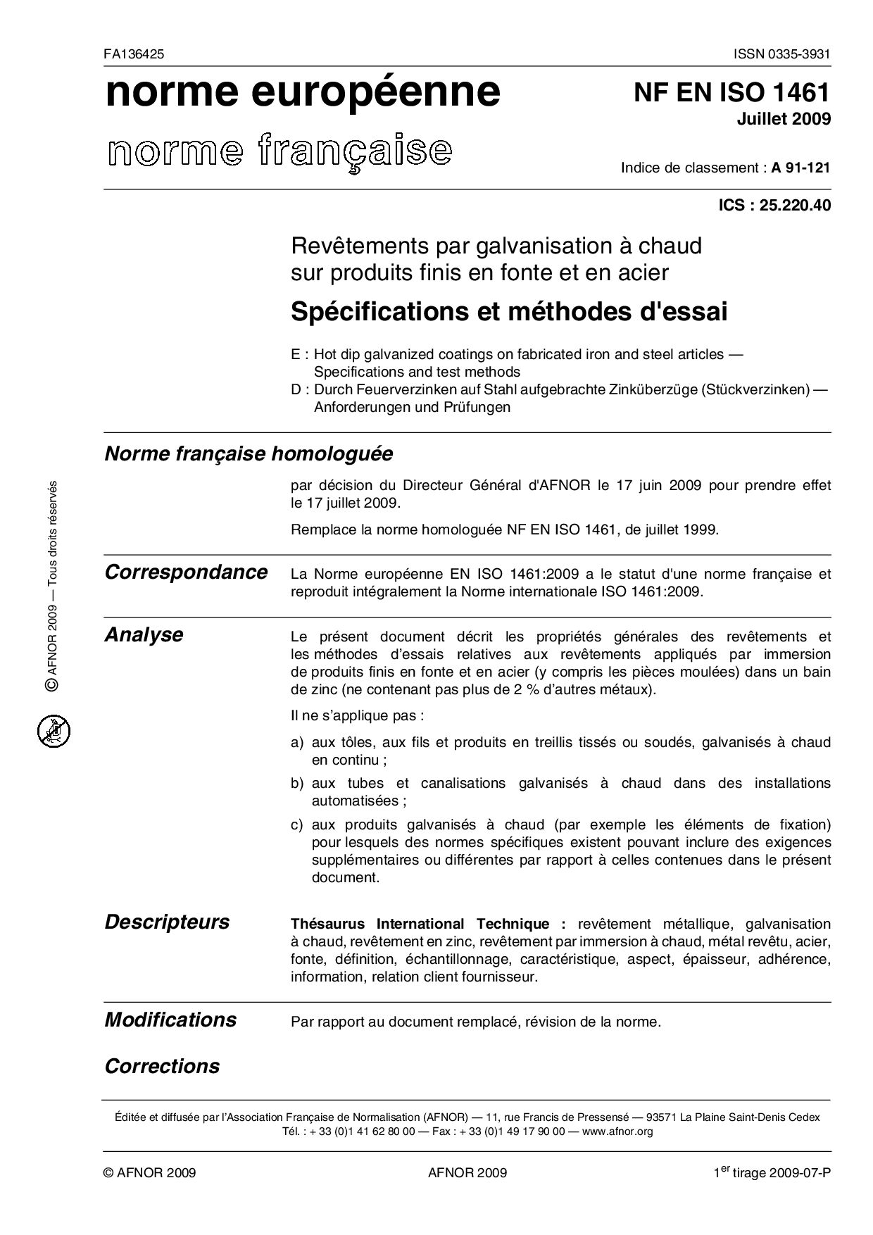 NF A91-121*NF EN ISO 1461:2009封面图