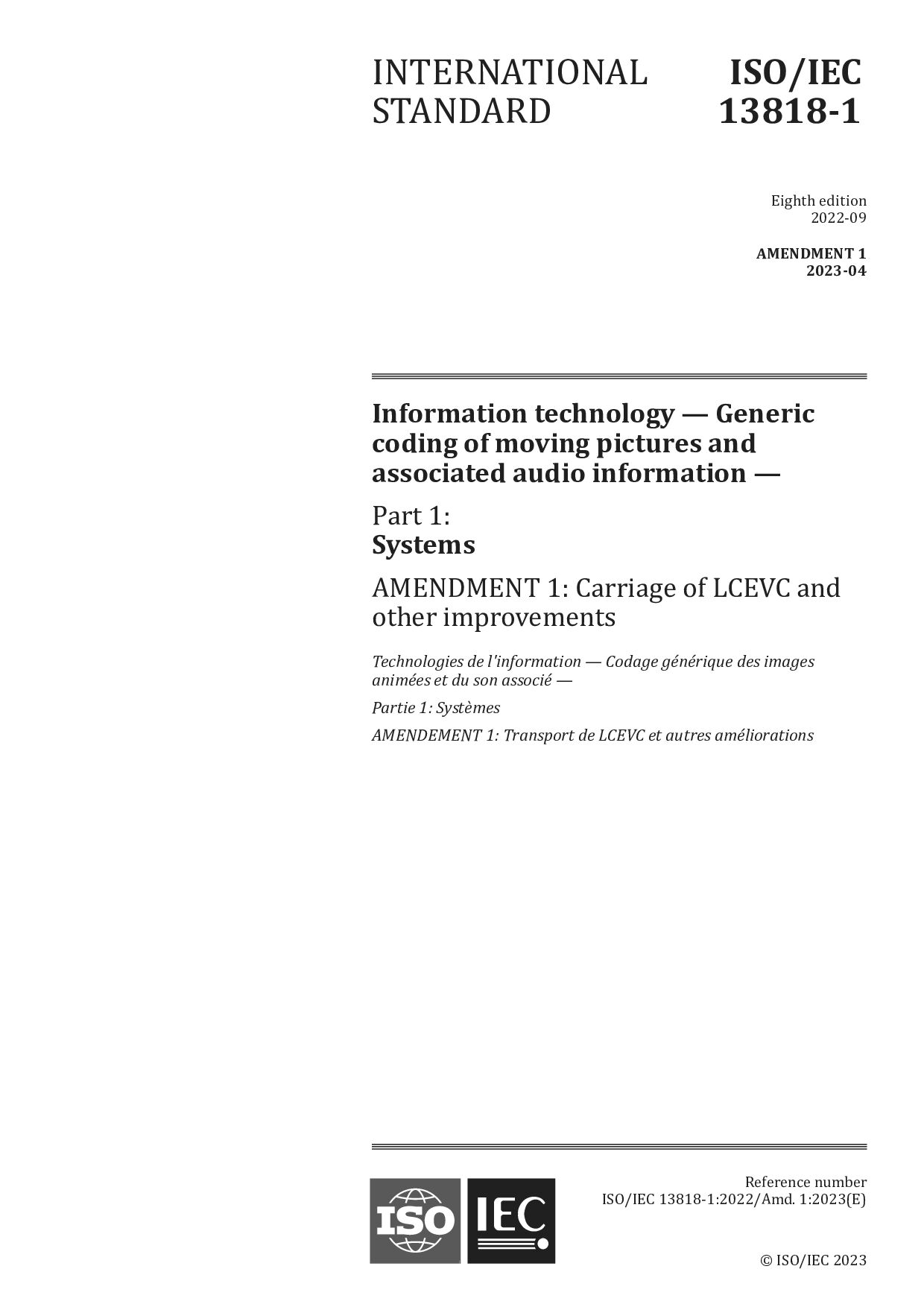 ISO/IEC 13818-1:2022/Amd 1:2023封面图