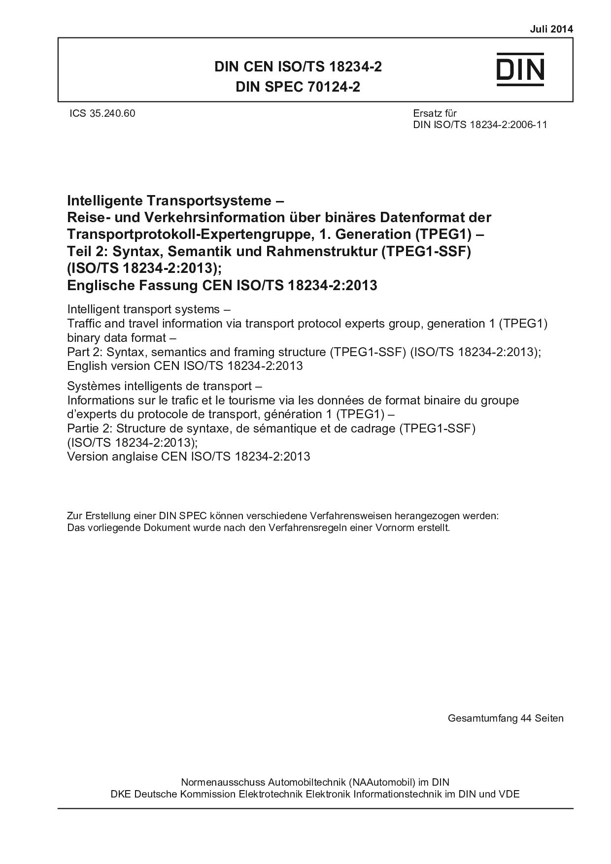 DIN CEN ISO/TS 18234-2:2014*DIN SPEC 70124-2:2014封面图