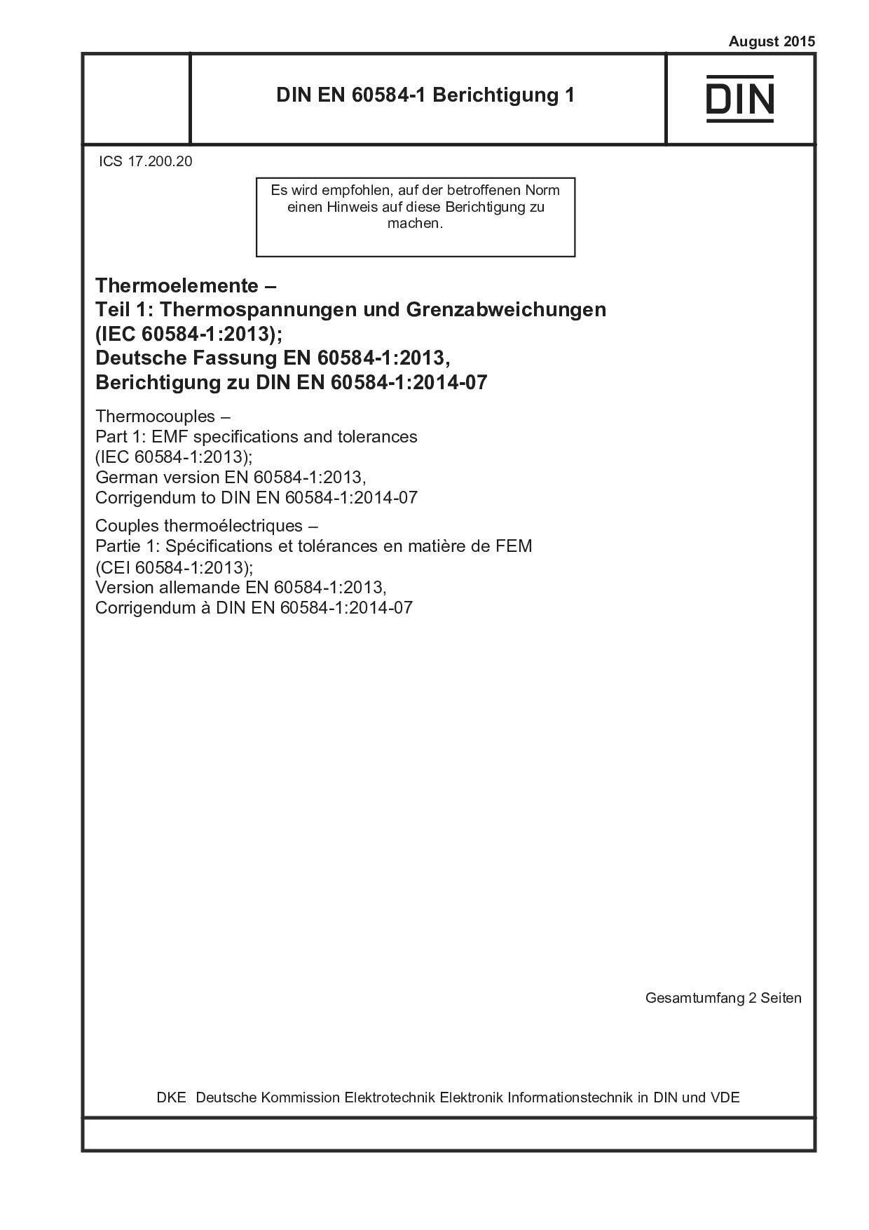 DIN EN 60584-1 Berichtigung 1:2015-08封面图