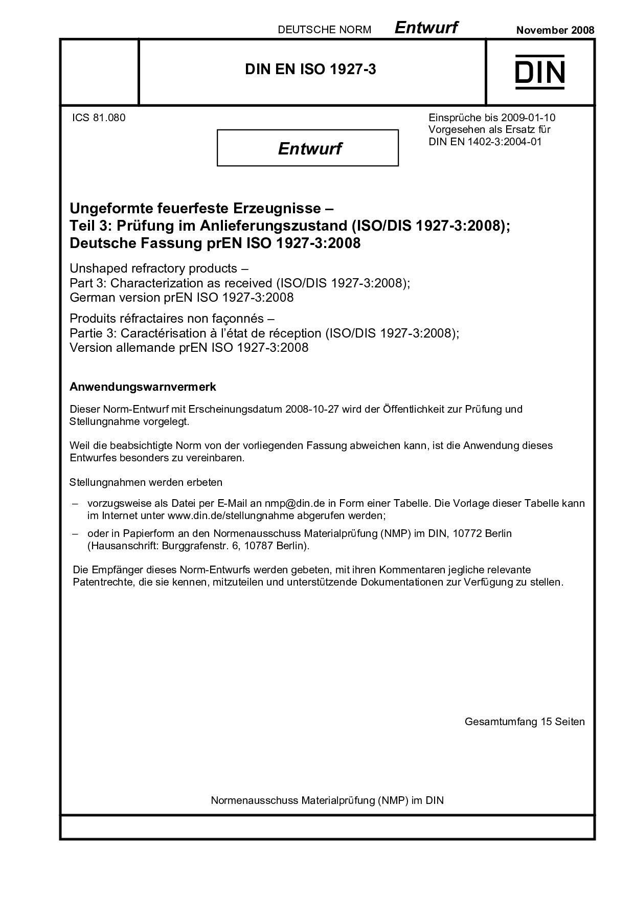 DIN EN ISO 1927-3 E:2008-11封面图