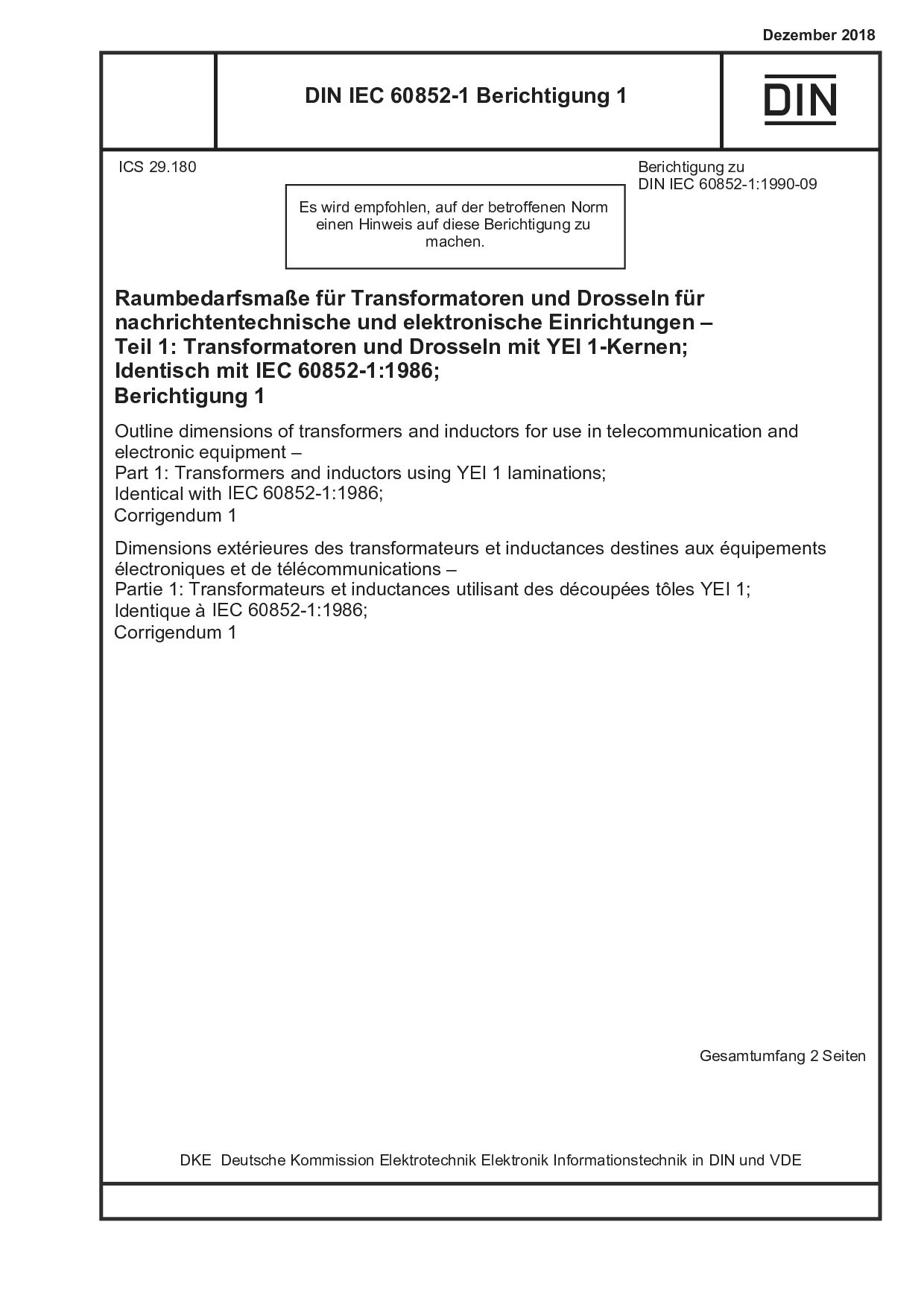 DIN IEC 60852-1 Berichtigung 1:2018