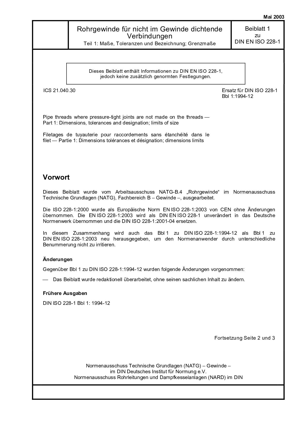 DIN EN ISO 228-1 Beiblatt 1:2003
