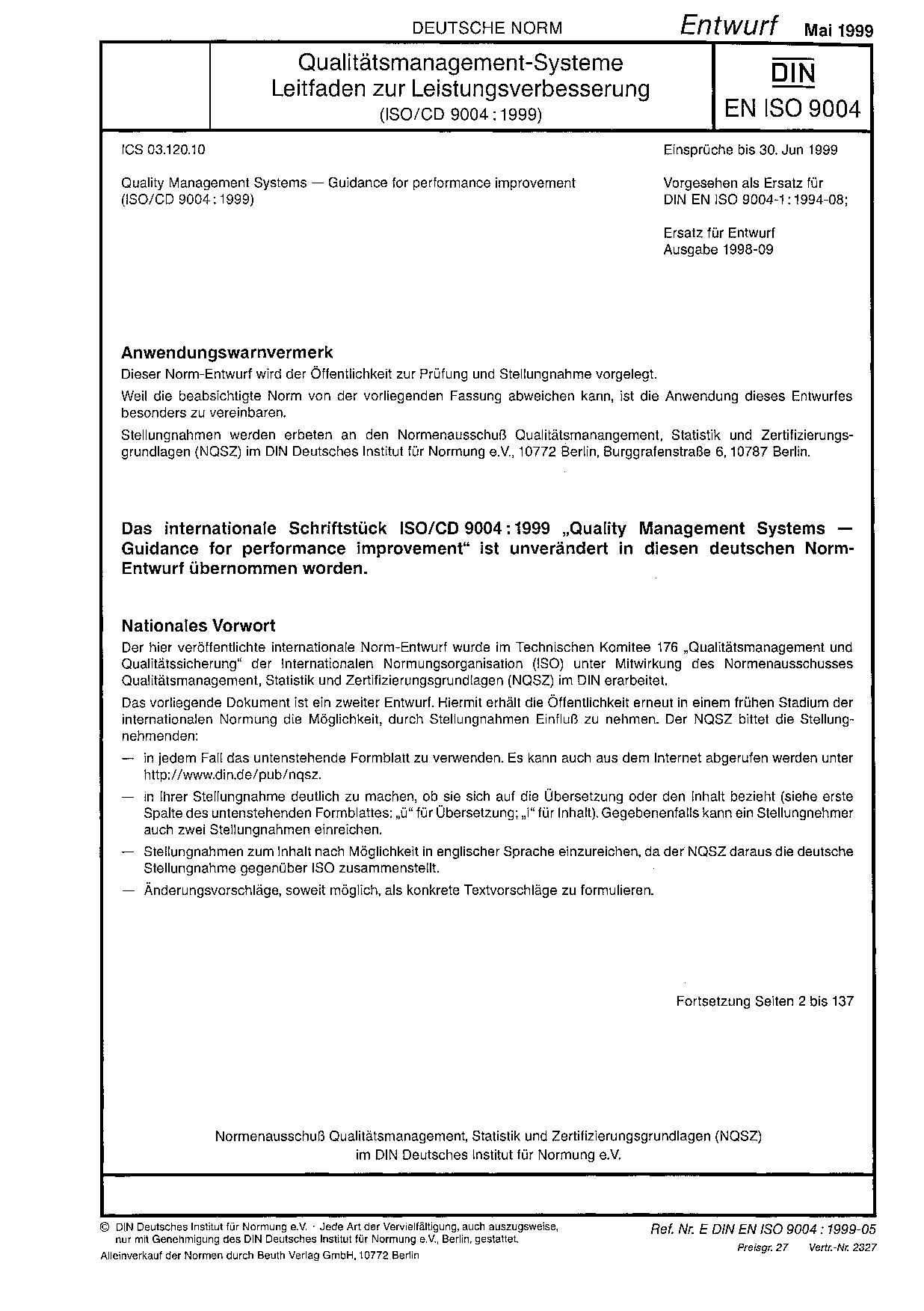 DIN EN ISO 9004 E:1999-05封面图