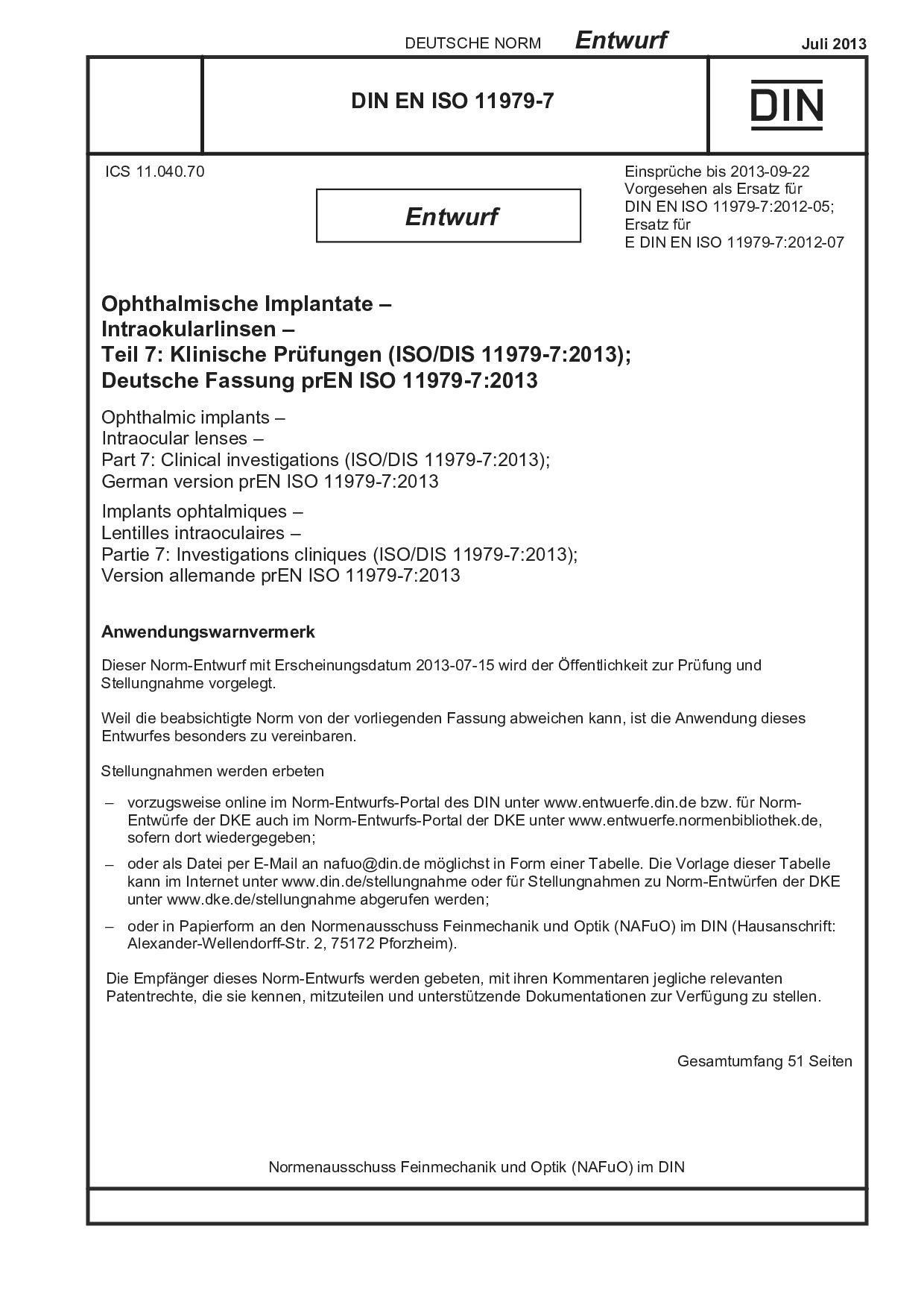 DIN EN ISO 11979-7 E:2013-07封面图