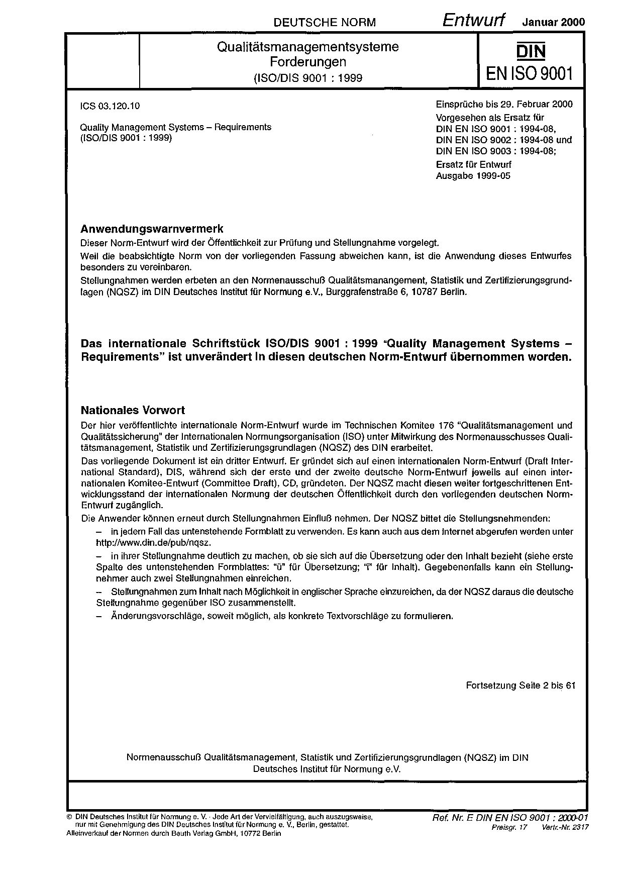 DIN EN ISO 9001 E:2000-01封面图