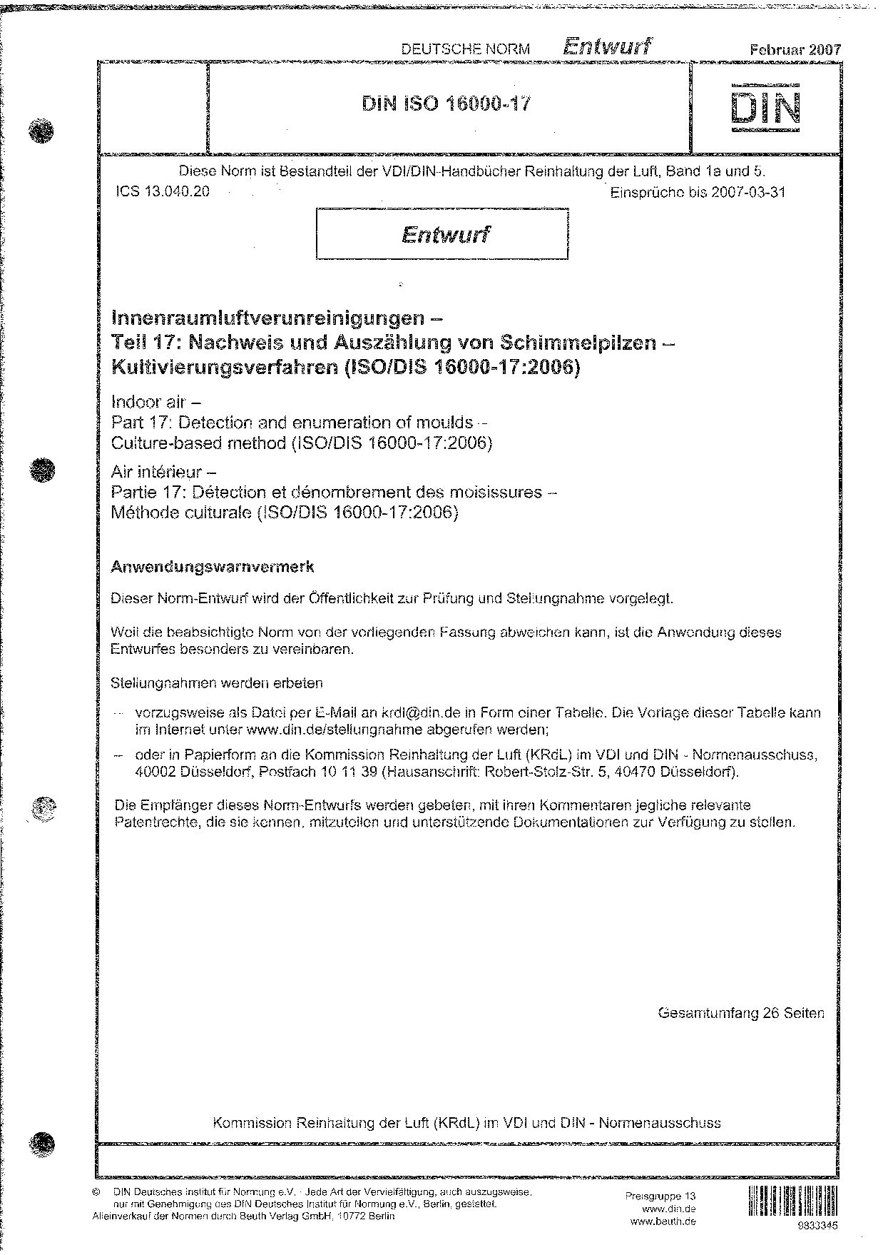 DIN ISO 16000-17 E:2007-02封面图