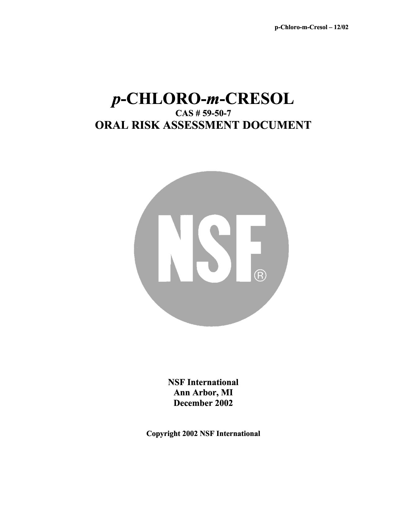 NSF PCMC-2002 (p-Chloro-m-Cresol. Oral risk assessment document)封面图