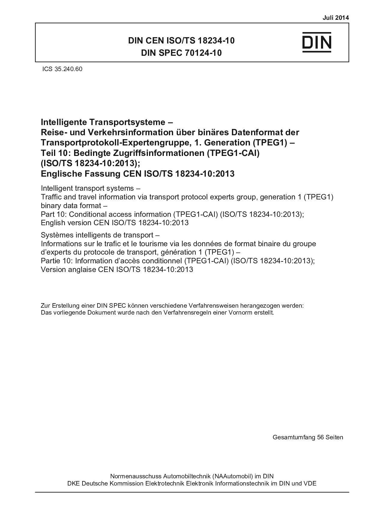 DIN CEN ISO/TS 18234-10:2014*DIN SPEC 70124-10:2014封面图