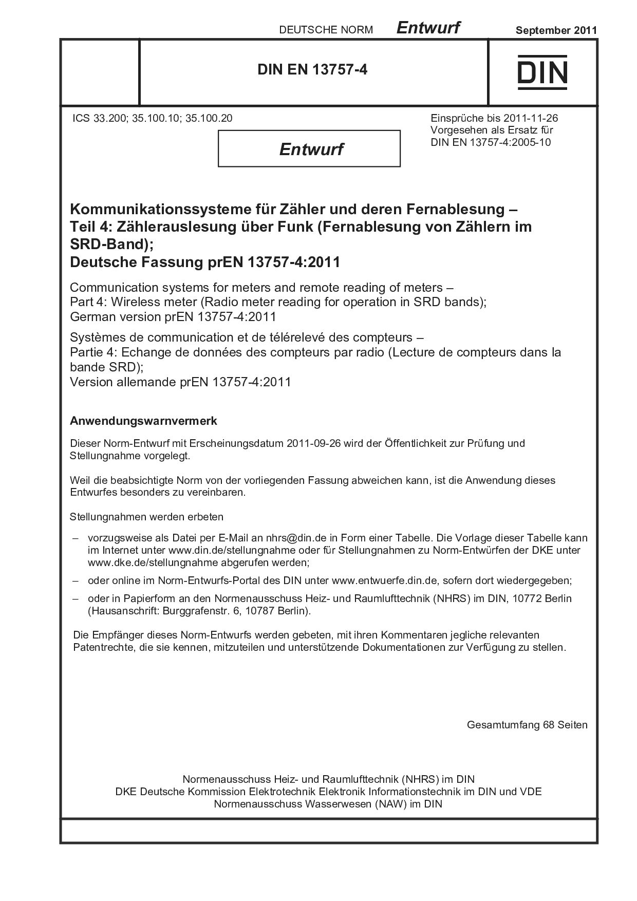 DIN EN 13757-4 E:2011-09封面图