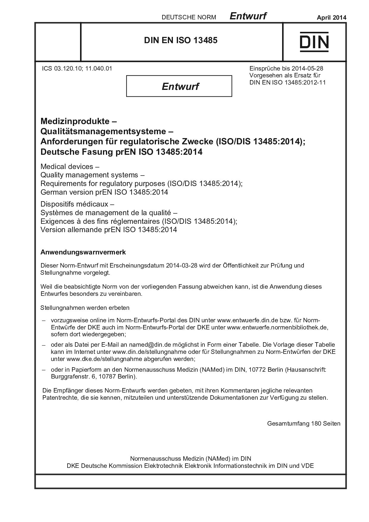 DIN EN ISO 13485 E:2014-04