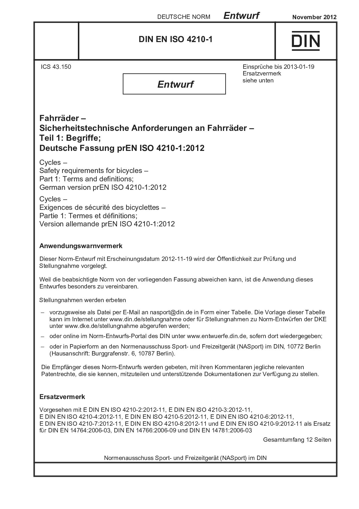 DIN EN ISO 4210-1 E:2012-11封面图