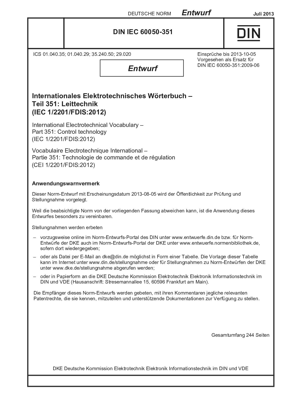 DIN IEC 60050-351 E:2013-07封面图