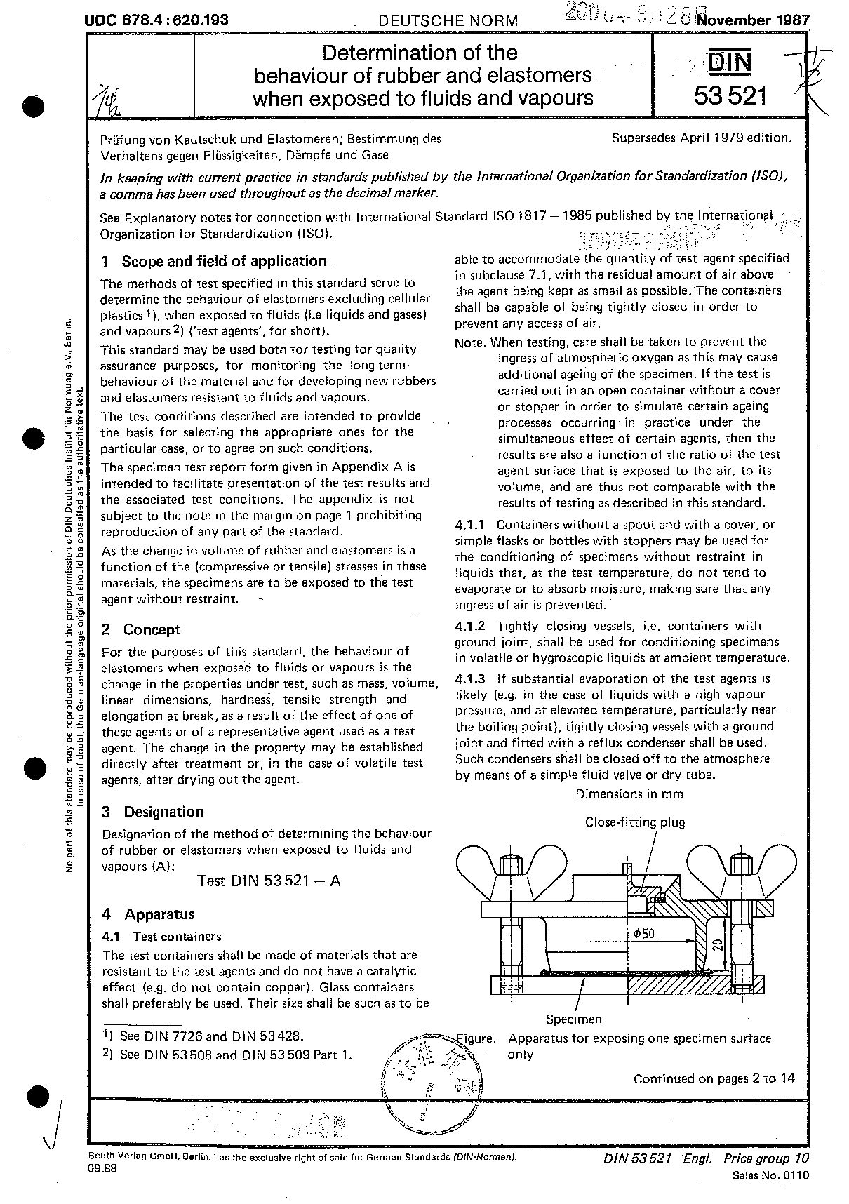 DIN 53521:1987 暴露于流体和蒸气下橡胶和弹性体性能的测定标准