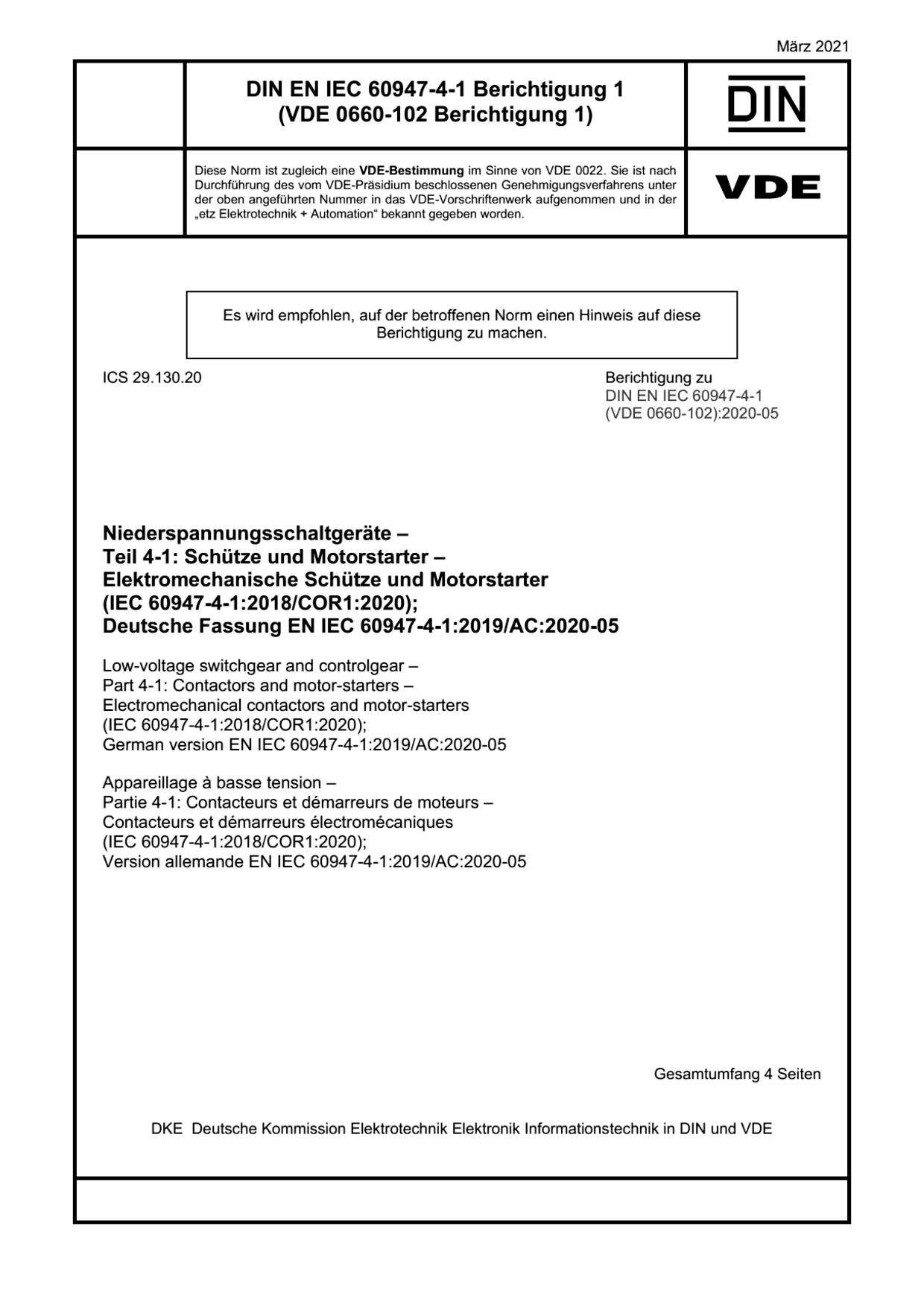 DIN EN IEC 60947-4-1 Berichtigung 1:2021
