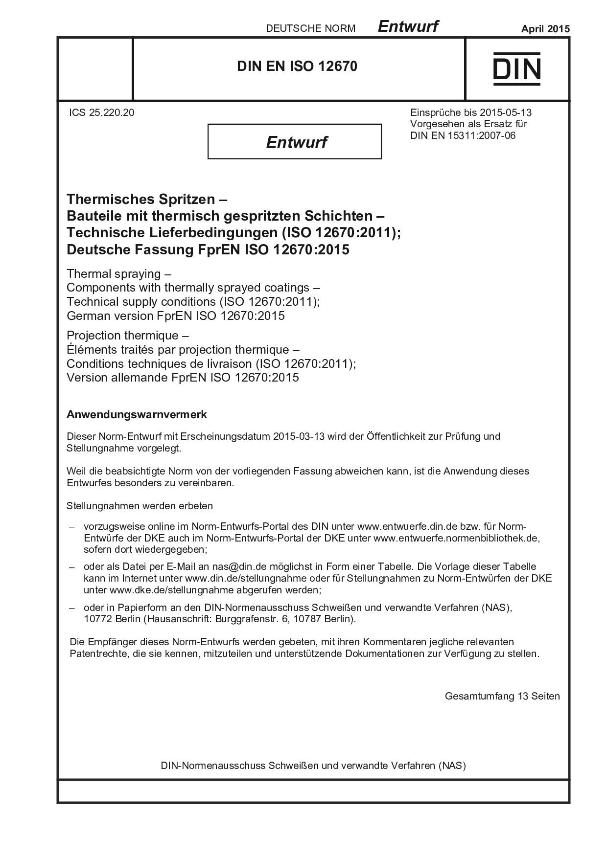 DIN EN ISO 12670 E:2015-04封面图