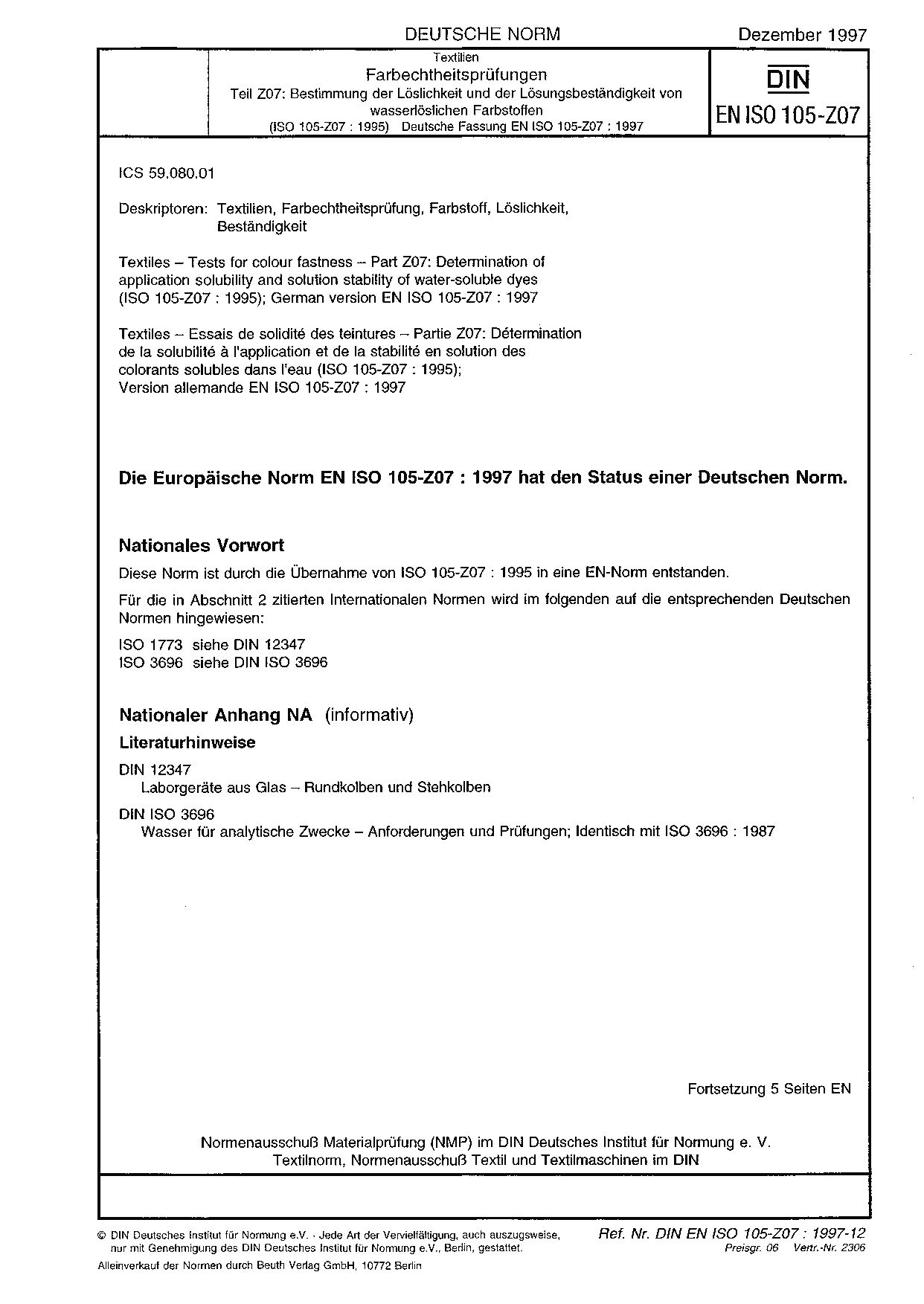 DIN EN ISO 105-Z07:1997封面图