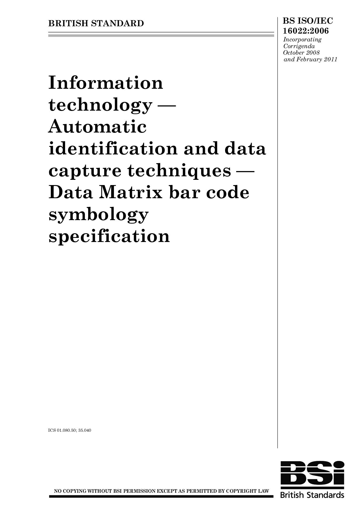BS ISO/IEC 16022:2006(2011)封面图