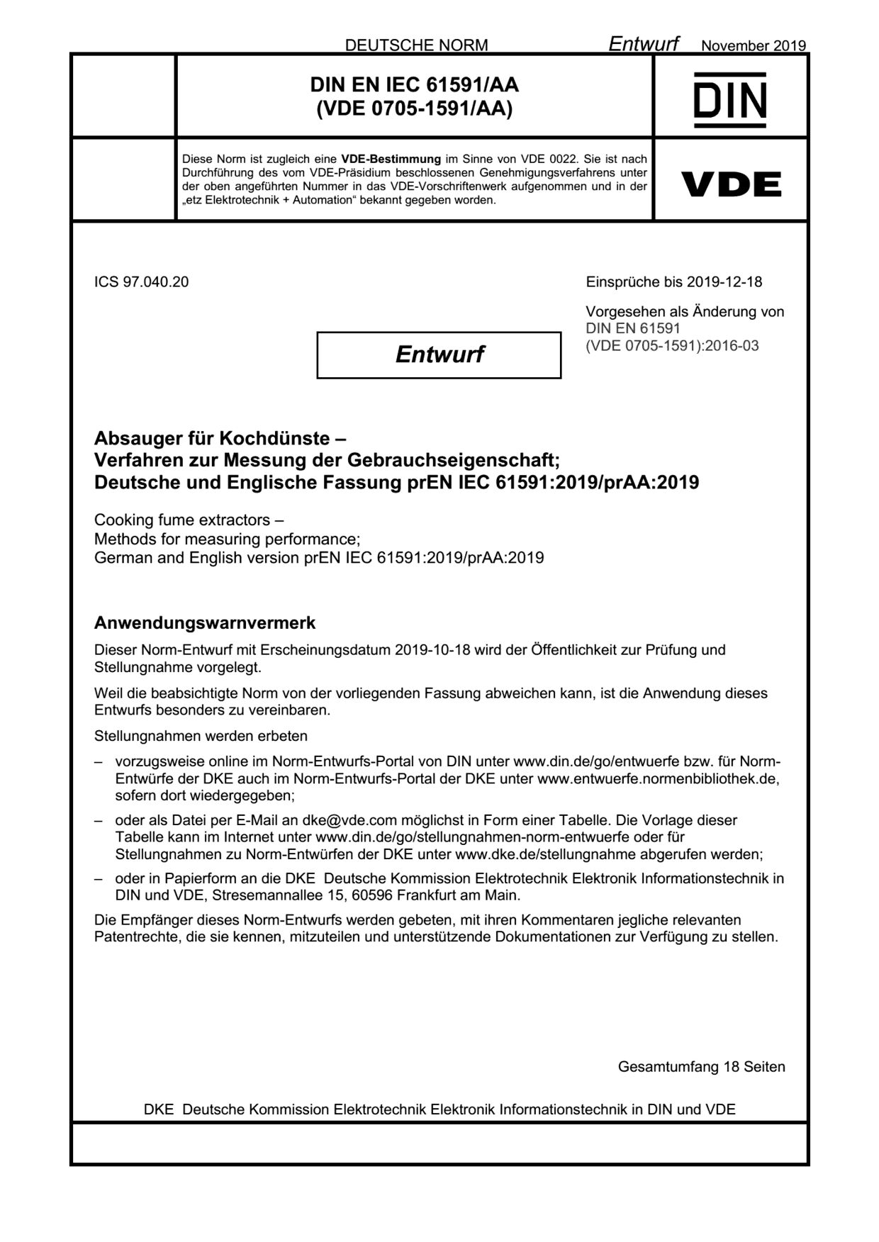 VDE 0705-159 AA E DIN EN IEC 61591 AA:2019-11